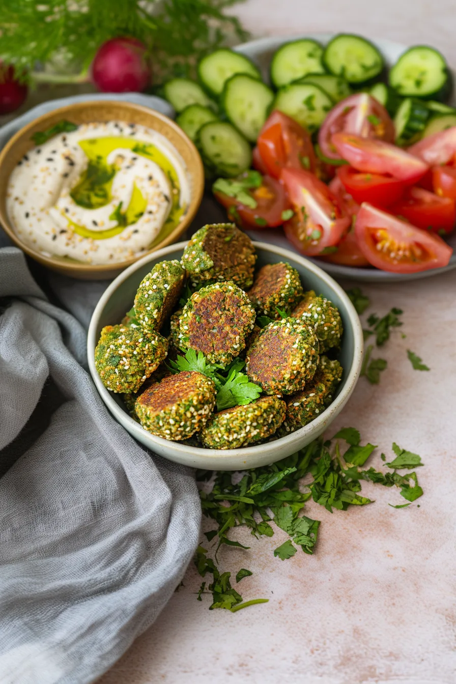 Crisp, textured falafel with white sauce and fresh herbs in a ceramic bowl.