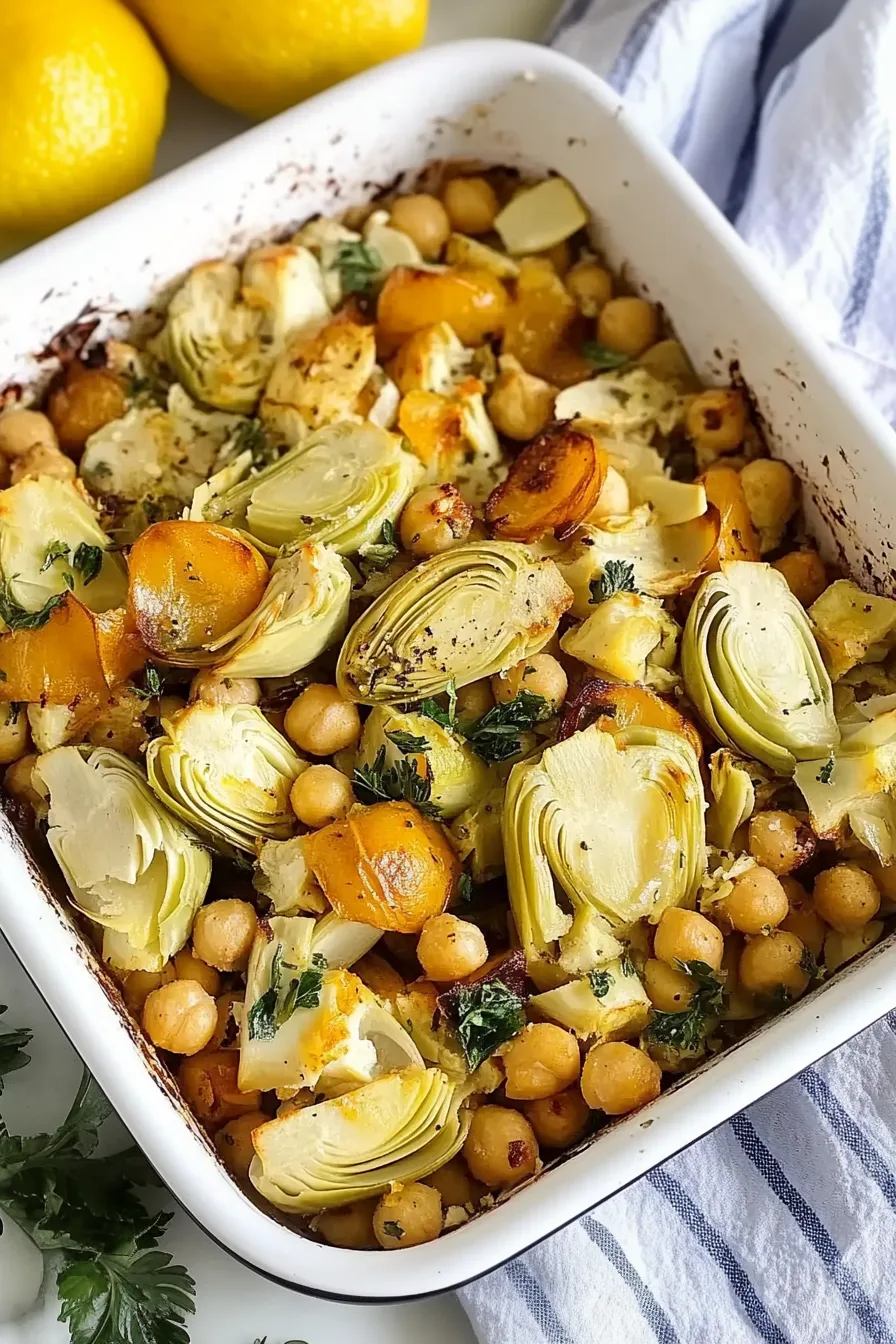 Final dish showing seasoned chickpeas and artichokes tossed with herbs.