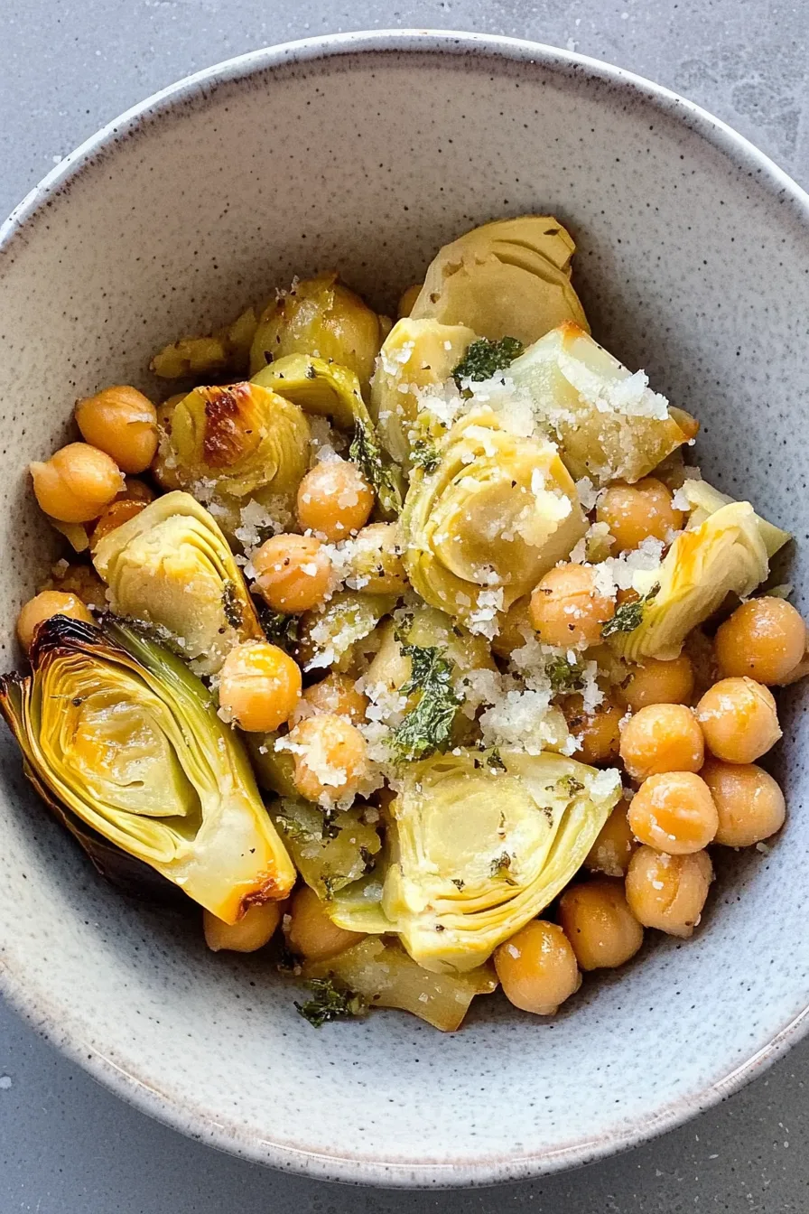 Roasted chickpea and vegetable medley served in a shallow bowl.