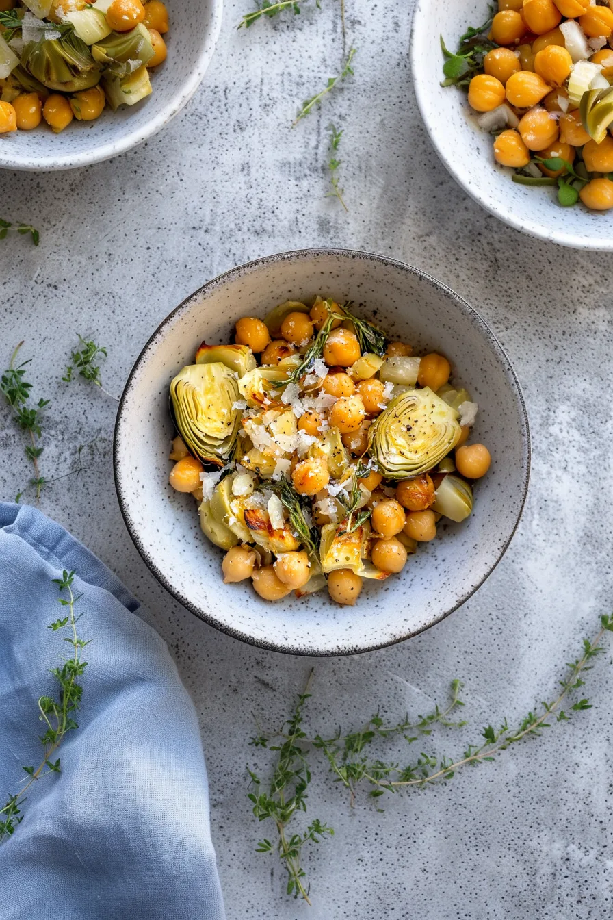 Bowl filled with roasted chickpeas, artichoke pieces, and colorful vegetables.