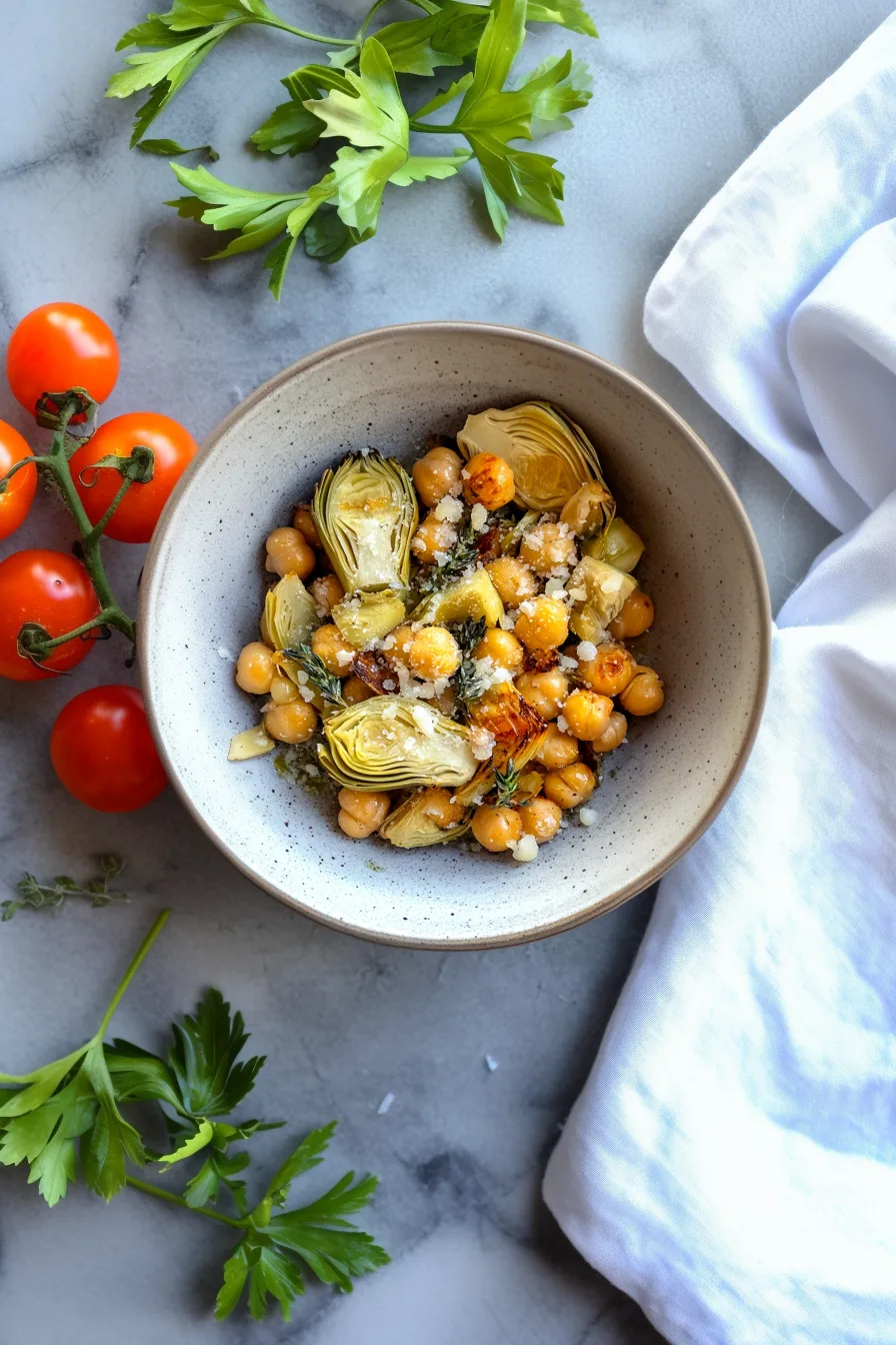 Overhead view of a herb-coated mix of chickpeas, artichokes, and roasted veggies.