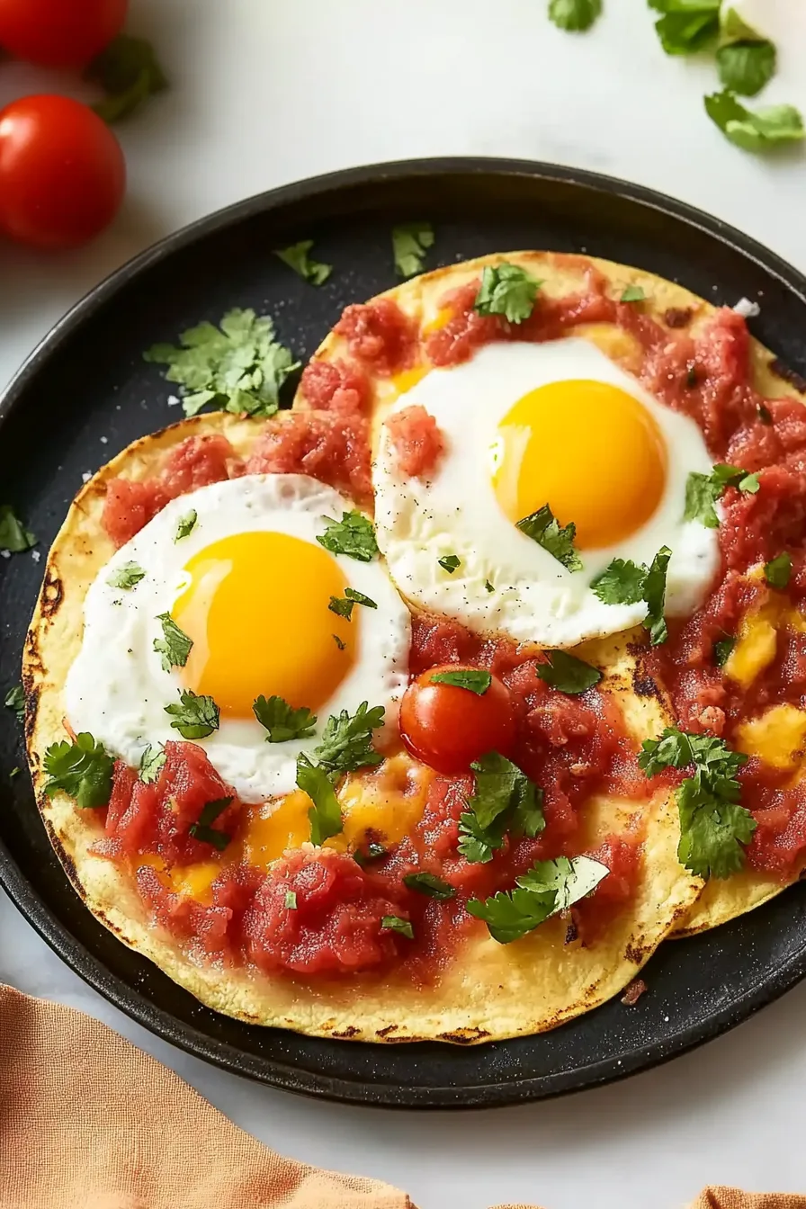 Overhead view of a hearty egg-and-tortilla dish surrounded by fresh garnishes.