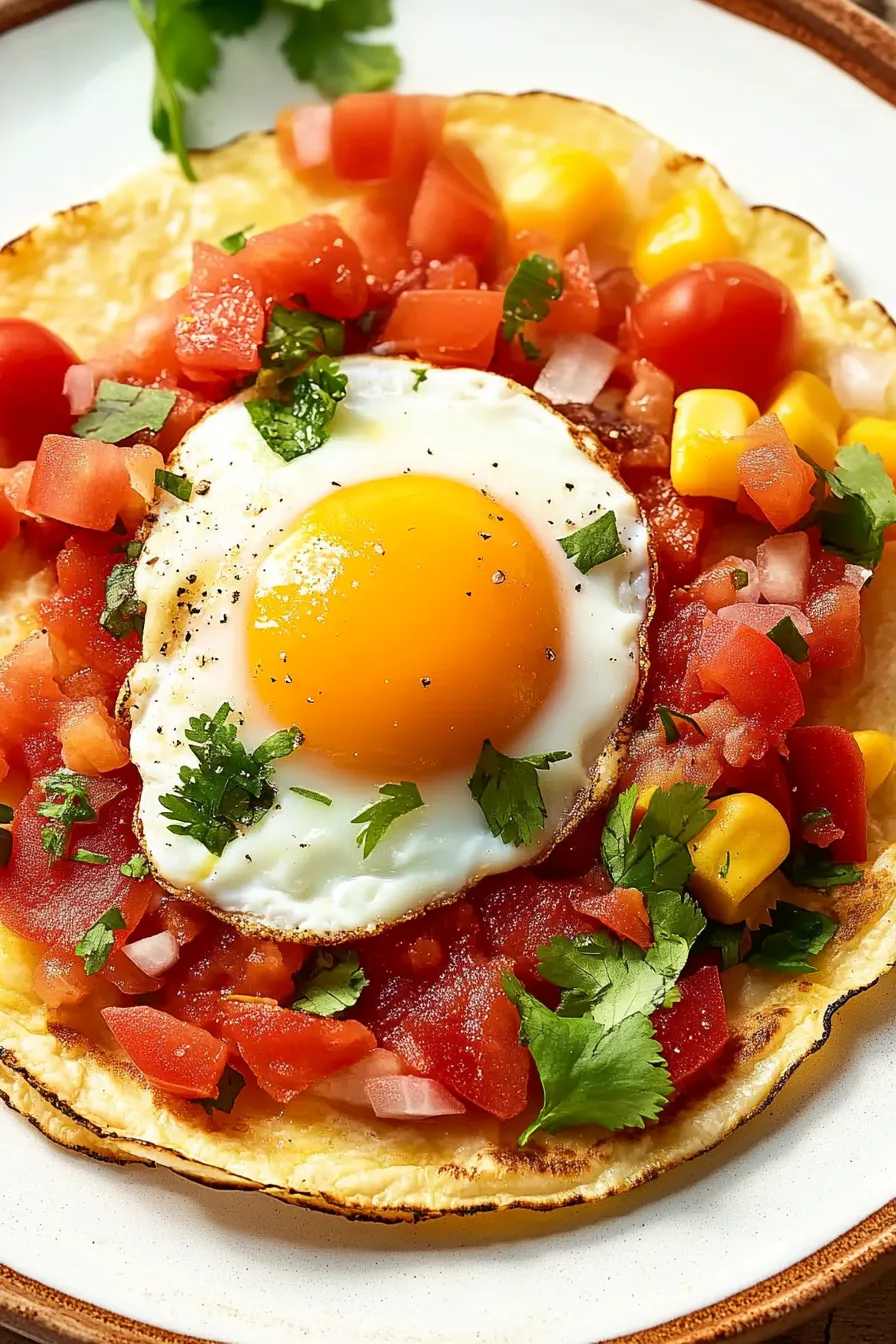 Close-up of a plated tortilla topped with eggs, beans, salsa, and a sprinkle of cheese.
