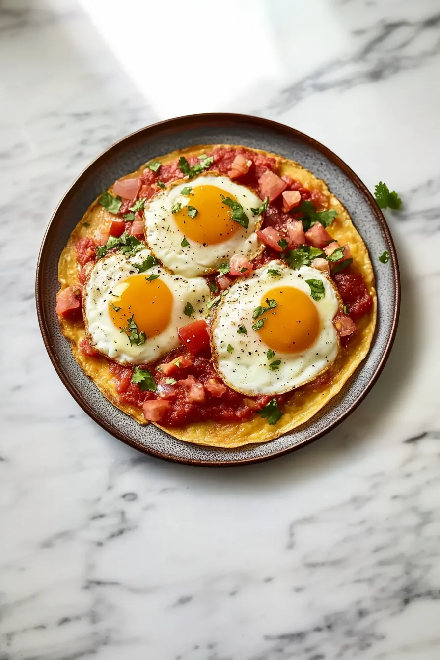 A vibrant plate of eggs with salsa and beans arranged neatly on a toasted tortilla.