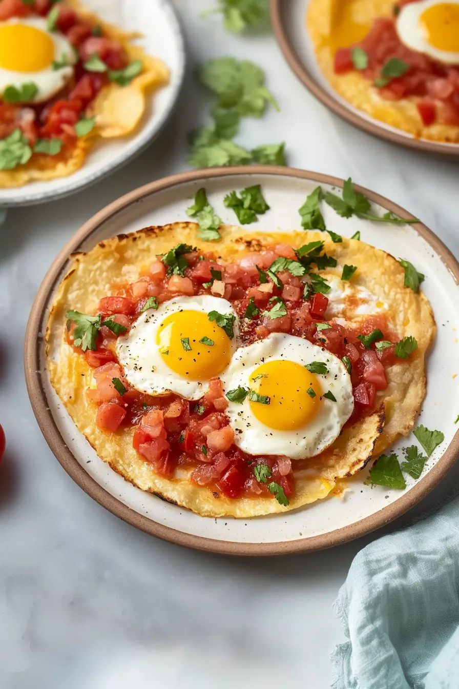 Breakfast plate featuring sunny-side-up eggs layered over a tortilla with colorful toppings.