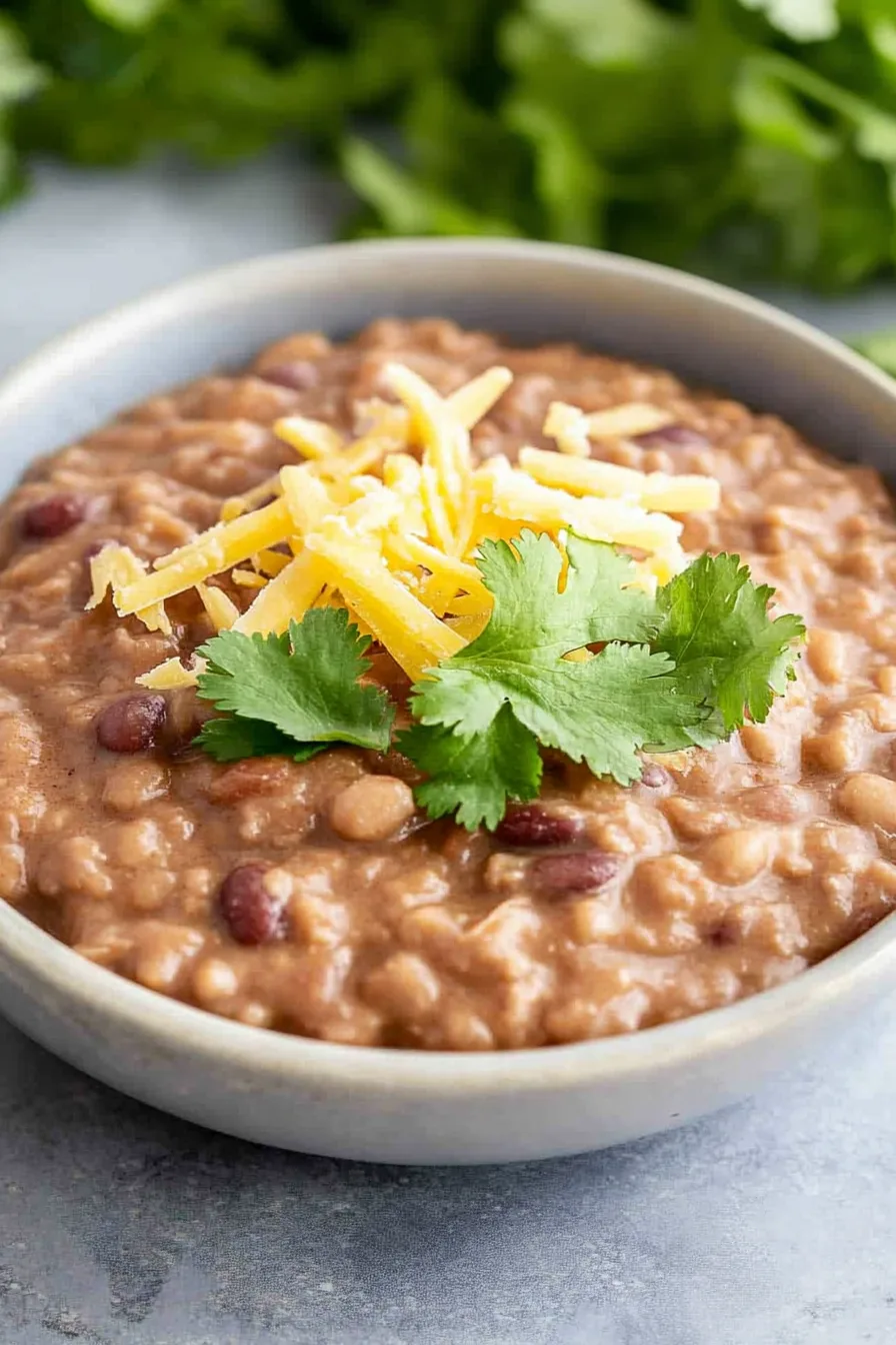 Close-up of smooth, blended beans served warm with garnishes.