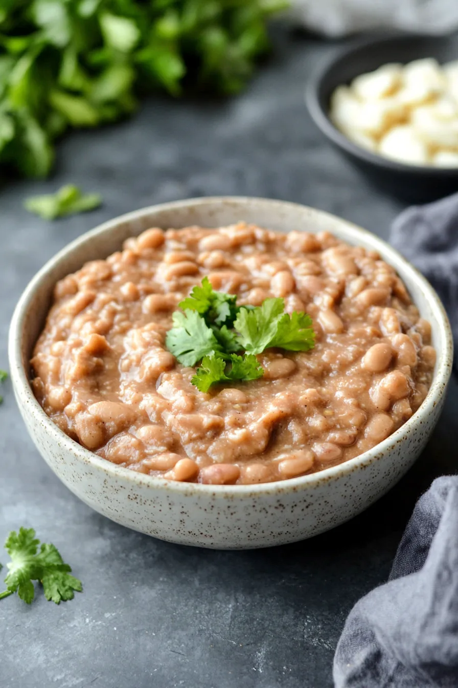 A bowl of creamy mashed beans topped with a sprinkle of cheese.