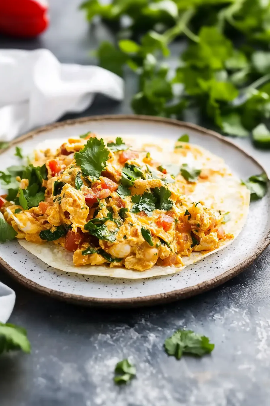 Plate of fluffy scrambled eggs mixed with tomatoes, onions, and fresh cilantro.