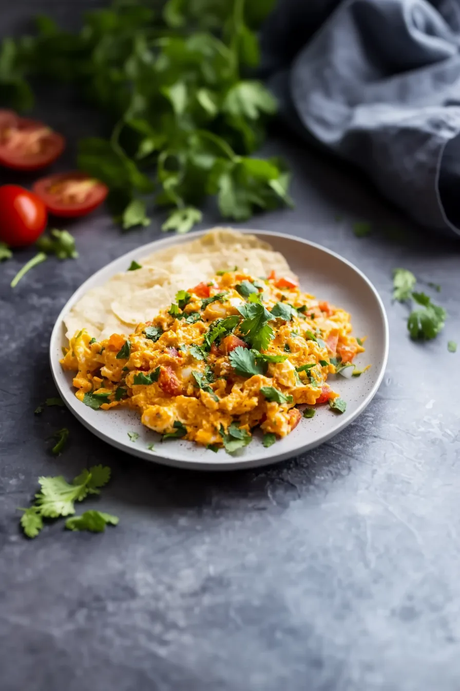 Freshly made breakfast plate featuring spiced eggs and cilantro garnish.