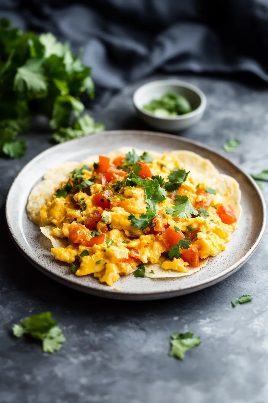 Bright and colorful egg dish topped with cilantro on a white plate.