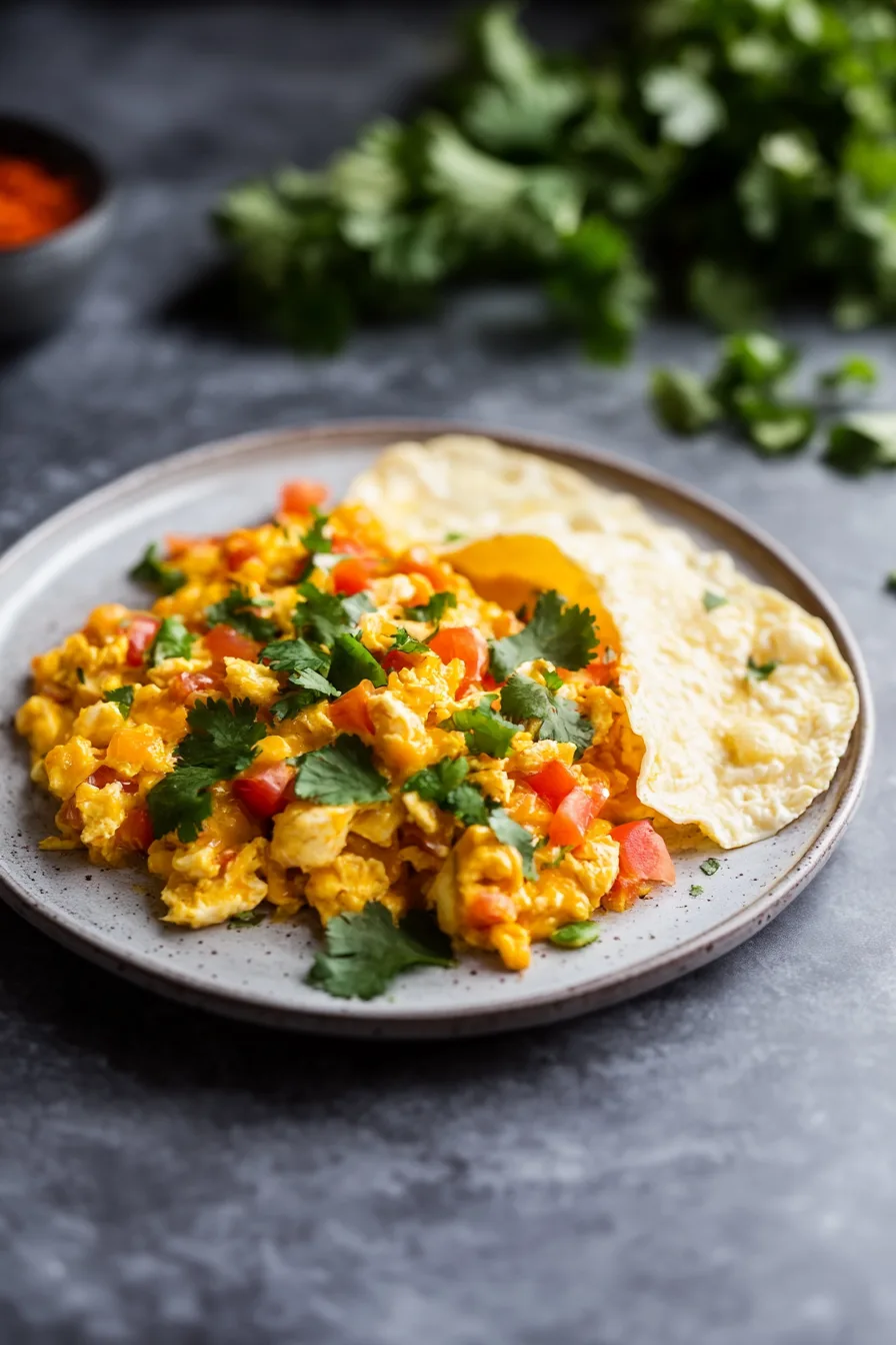 Scrambled eggs cooked with tomato and green herbs alongside soft tortillas.”