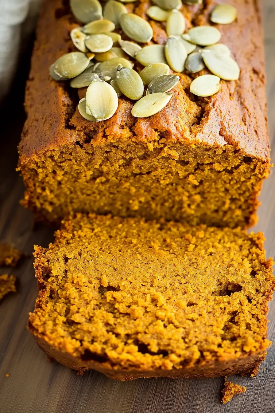 Sliced loaf on a wooden board with a warm orange hue and visible crumb texture.