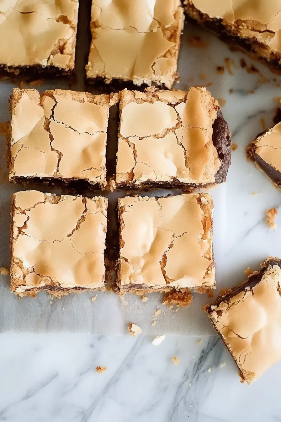 Dessert bars with a thick chocolate center and golden crust.