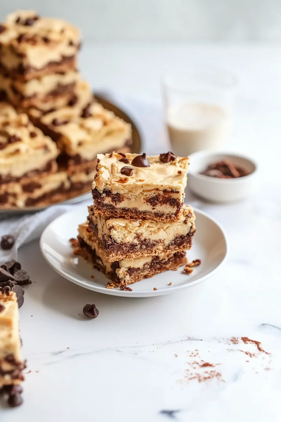 Plate of square cookie bars showing rich chocolate layers.