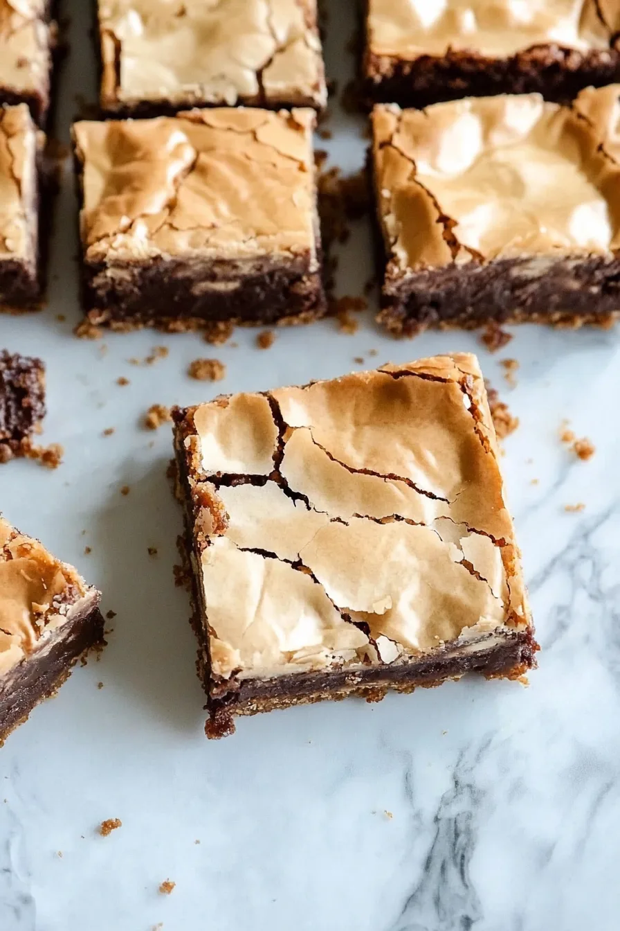 Close-up of crumbly cookie bars with creamy chocolate filling.