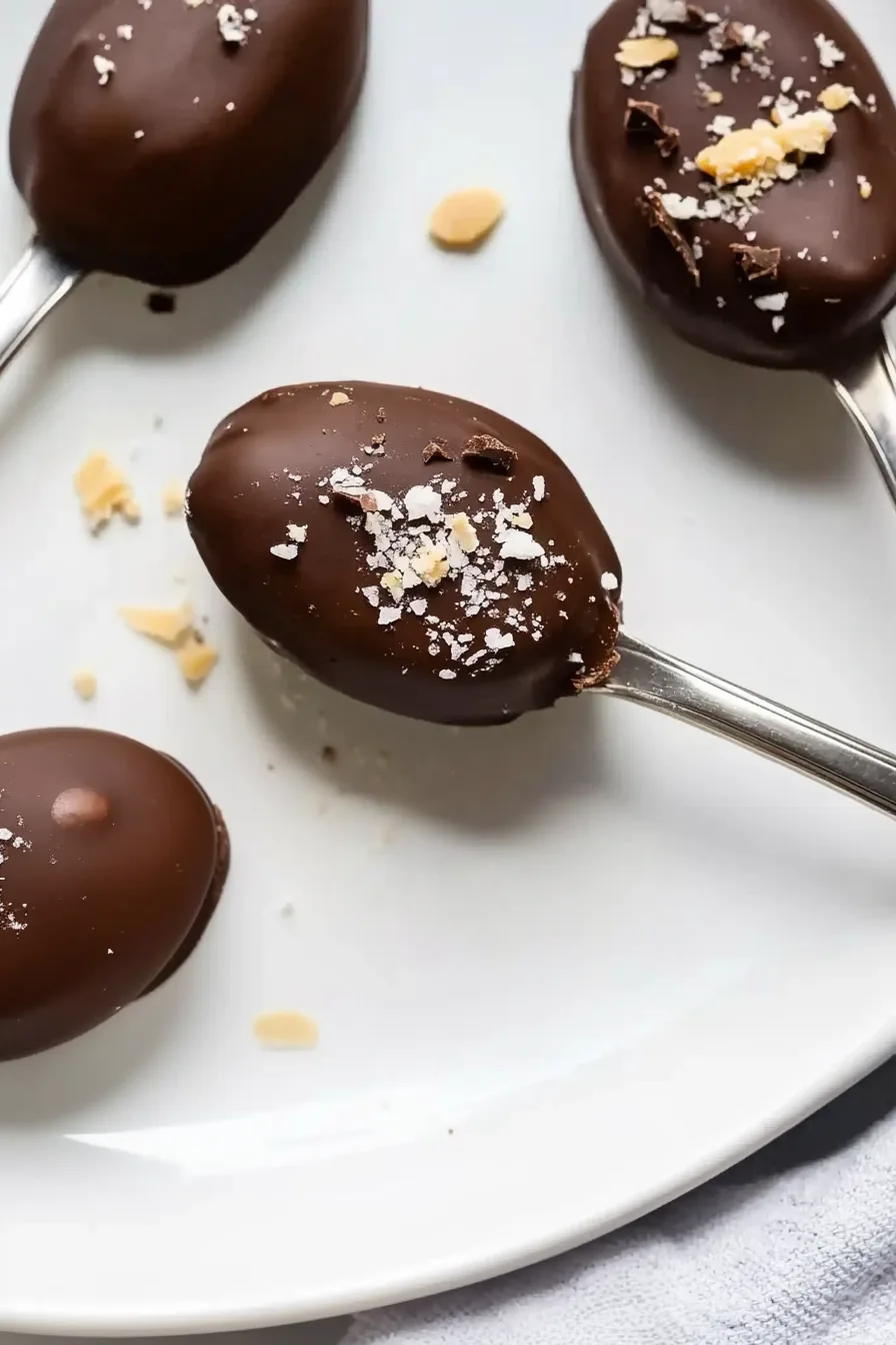 A spoonful of smooth peanut butter coated in glossy dark chocolate and topped with flaky sea salt.