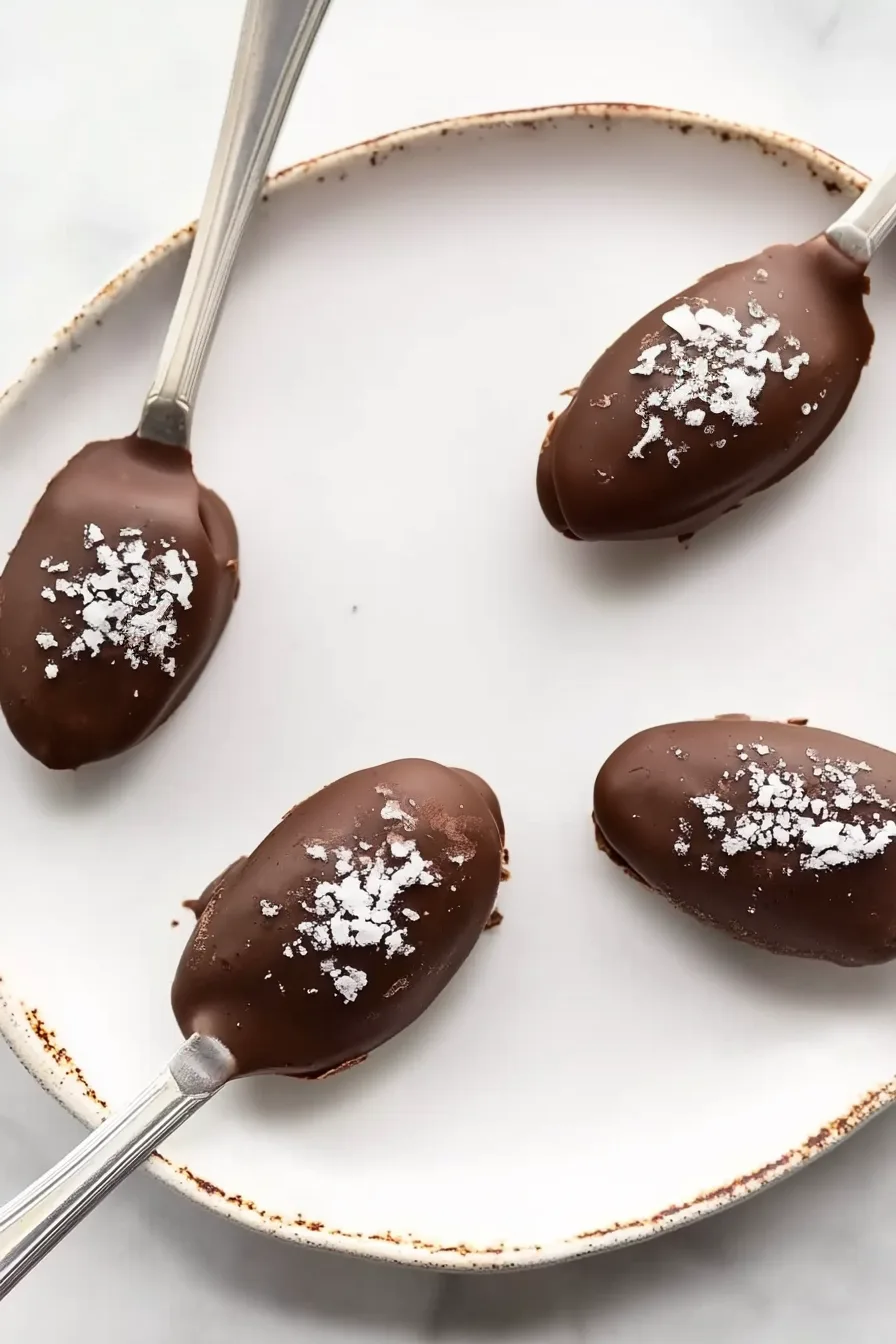 Four chocolate-dipped peanut butter bites arranged on a white plate with a sprinkle of salt.