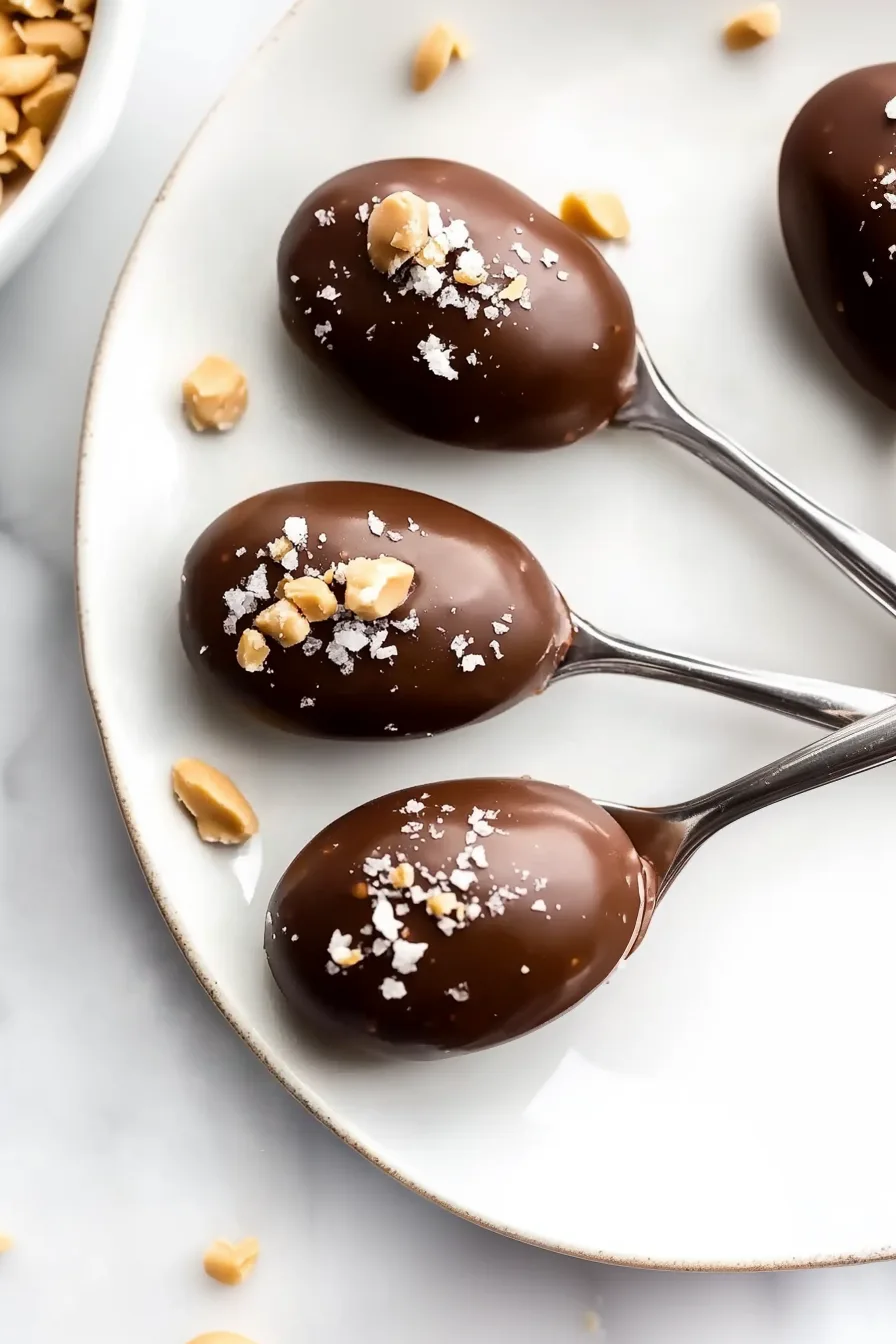 Neatly lined silver spoons holding chocolate-covered peanut butter treats on a clean white plate.”