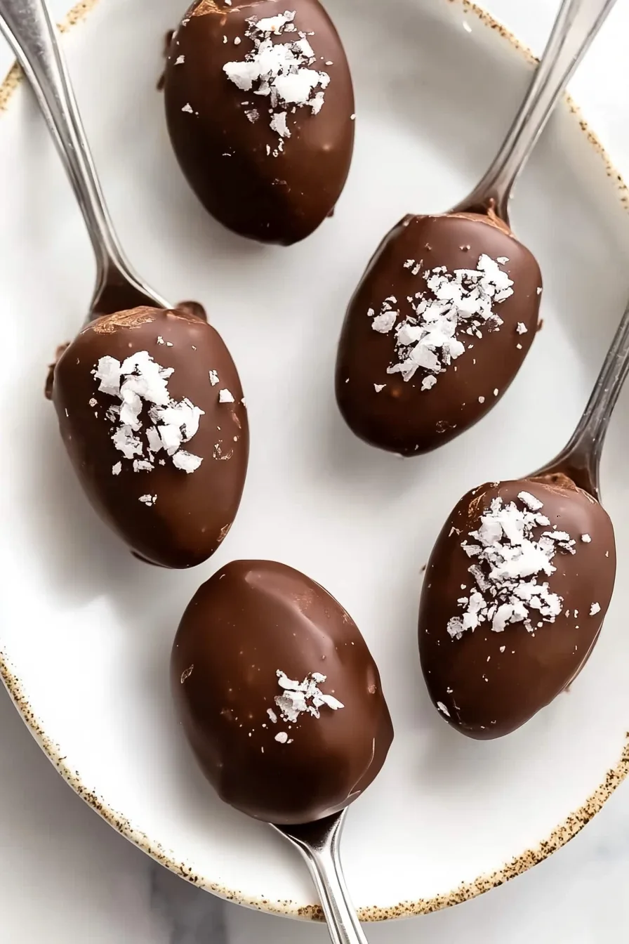 Peanut butter filling set on spoons, covered in melted chocolate and ready to serve.
