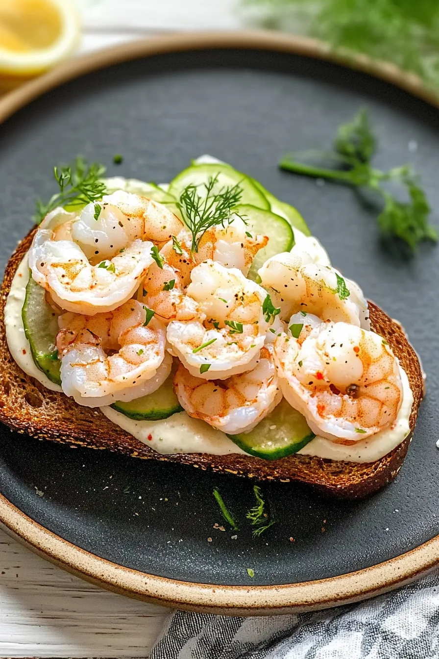 Open-faced toast topped with sliced cucumbers, shrimp, and fresh dill.