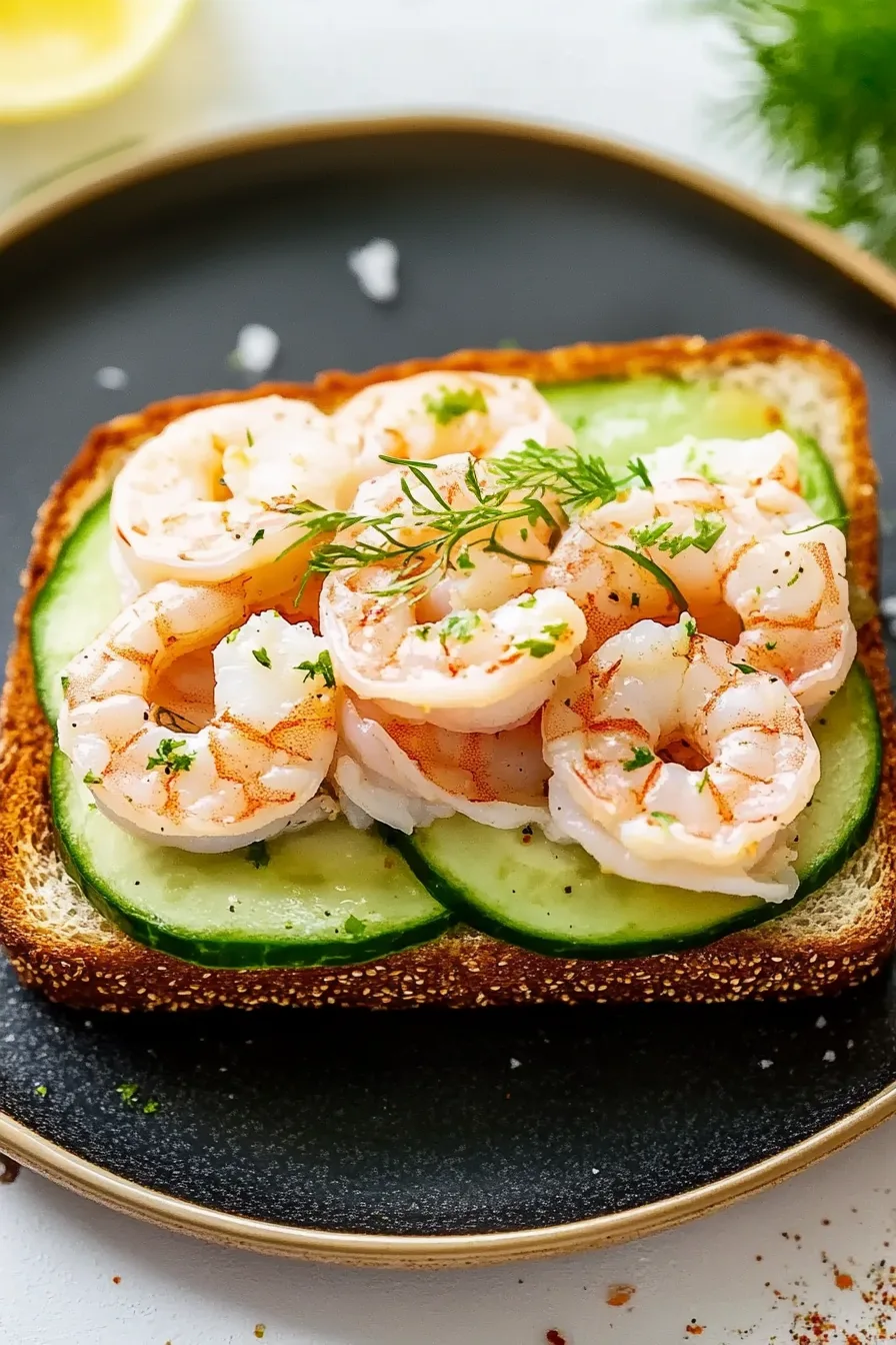 Simple seafood toast garnished with herbs on a dark plate.