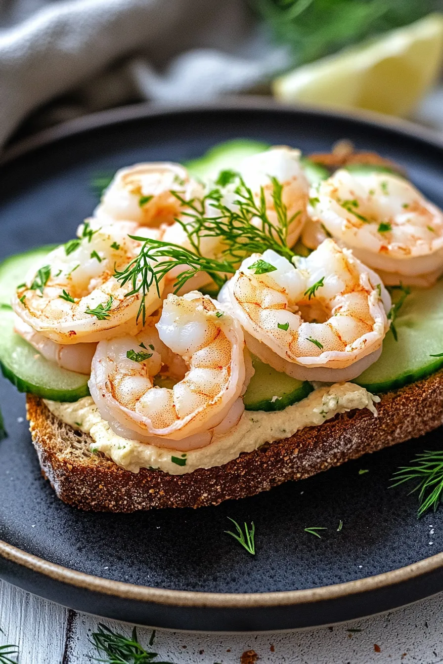 Stack of tender shrimp arranged over crisp cucumber slices on toasted bread.