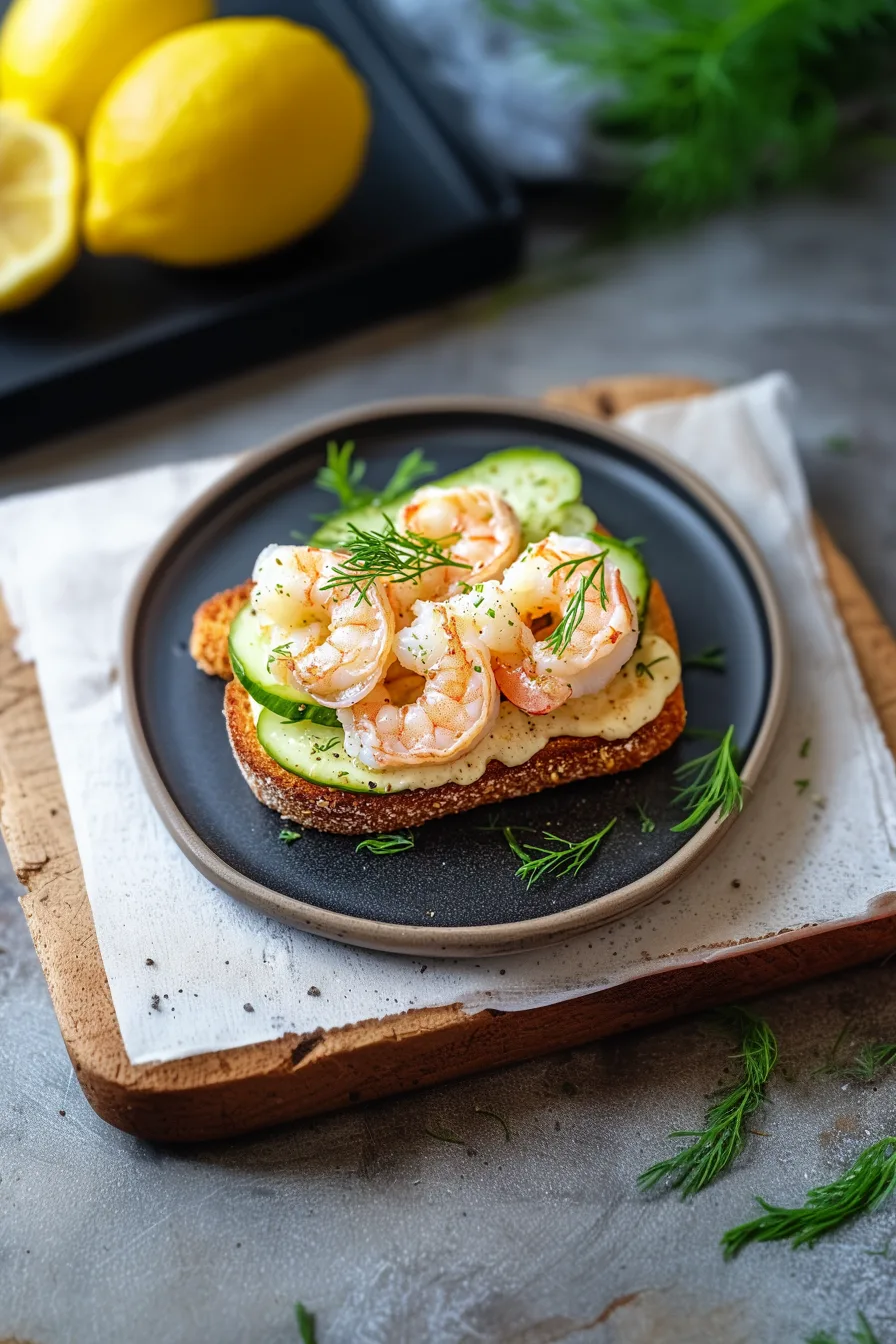 Fresh, light shrimp-and-cucumber toast served with a sprinkle of dill.