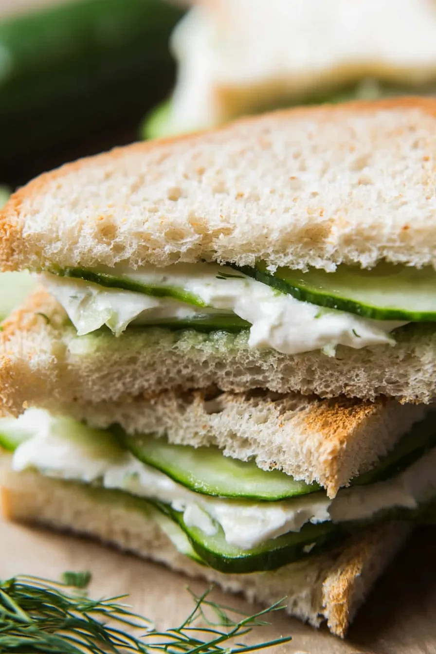 Close-up of thin cucumber slices layered with a light spread between toasted bread.