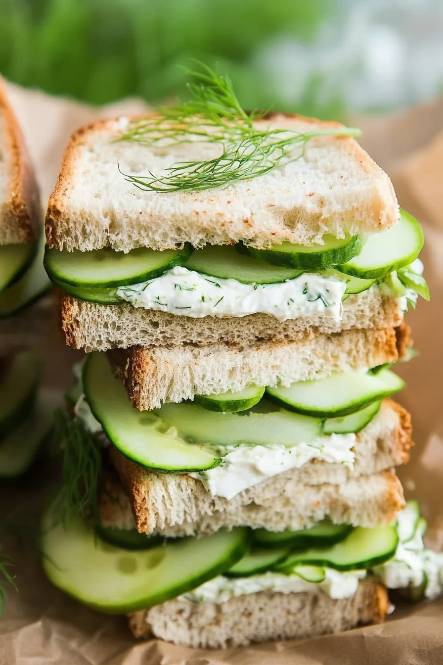 A neat stack of crust-cut sandwiches filled with cucumbers and a creamy herb mix.