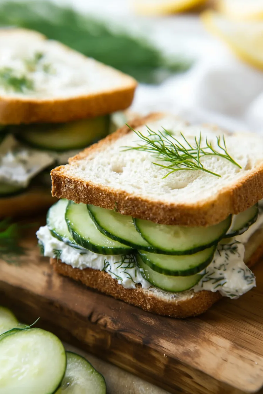 Fresh, simple cucumber sandwich halves arranged on a wooden board.