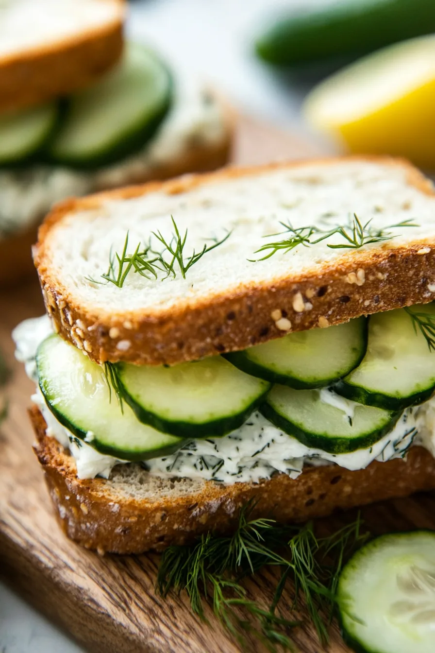 Stacked cucumber sandwiches with a creamy filling on soft white bread.