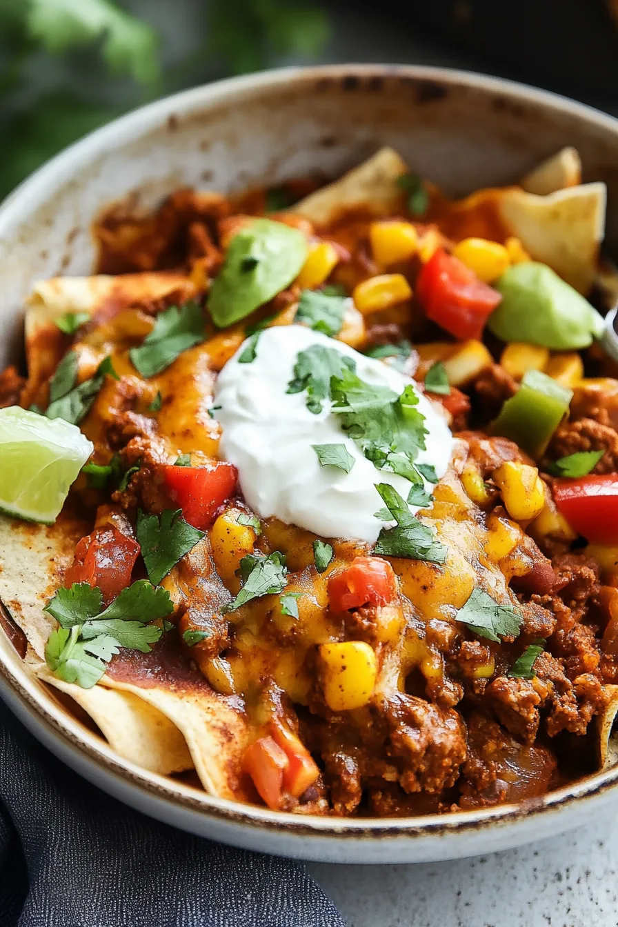 Close-up of a cheesy beef mixture layered over tortillas and garnished with cilantro, tomatoes, and avocado.”