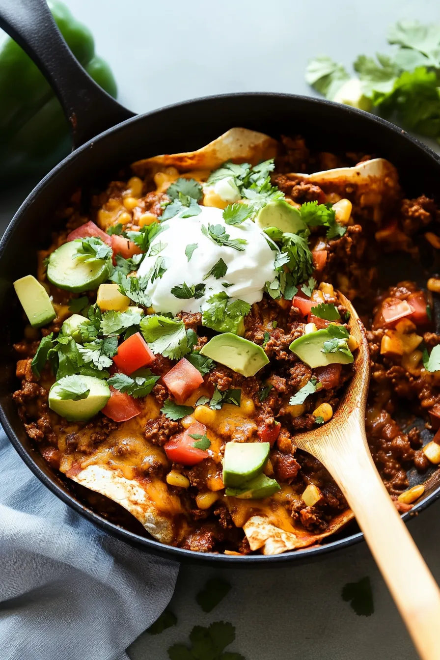 Overhead view of a hearty tortilla-and-beef dish topped with melted cheese, sour cream, and chopped vegetables.