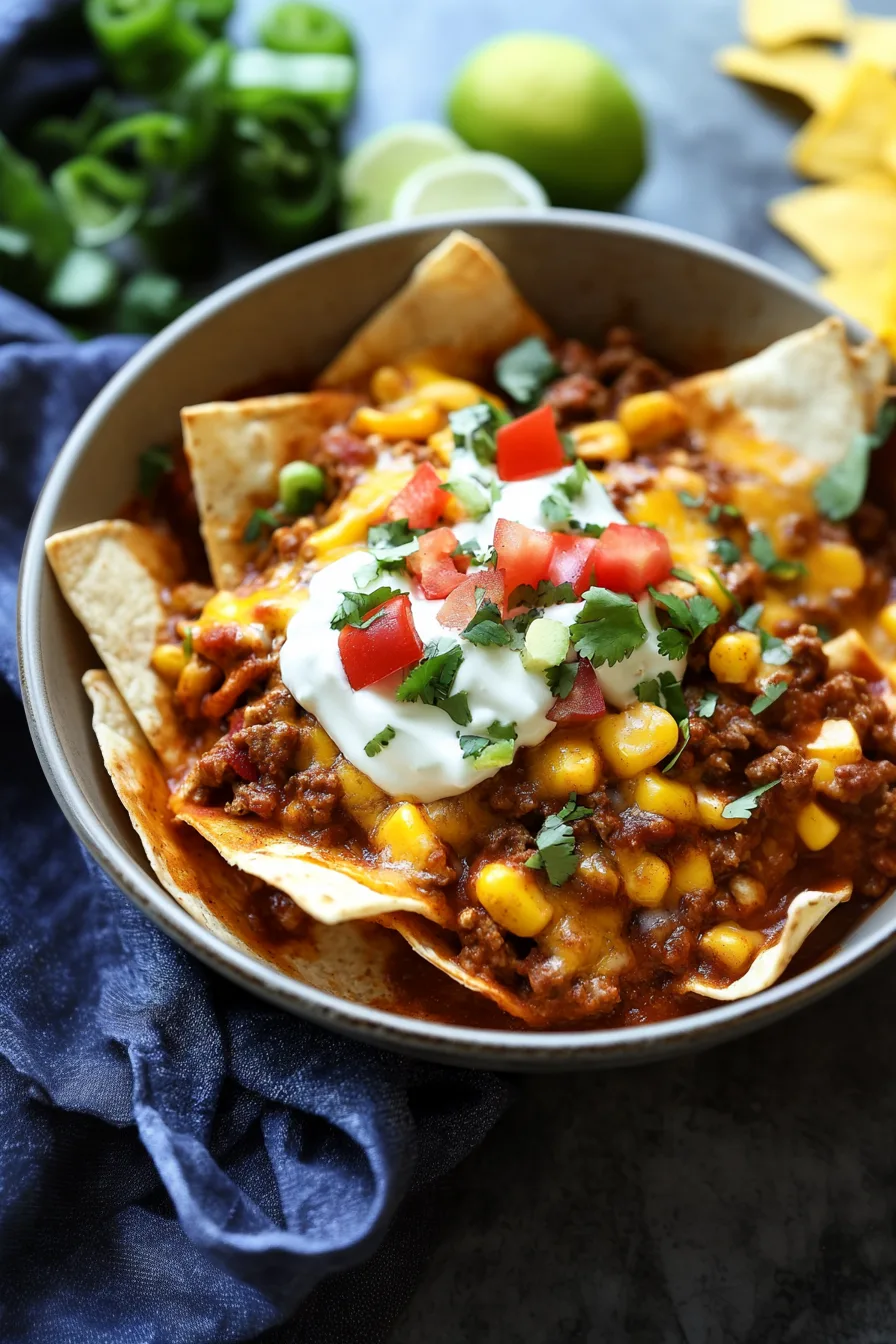Final dish showing saucy ground beef and vegetables over baked tortillas with melted cheese and sour cream.