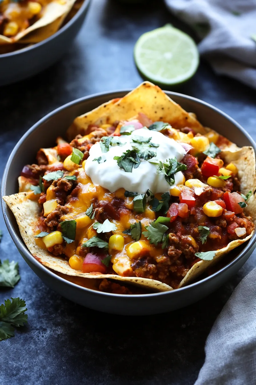 A serving of tortilla wedges covered in a rich beef filling with corn, peppers, and fresh herbs.