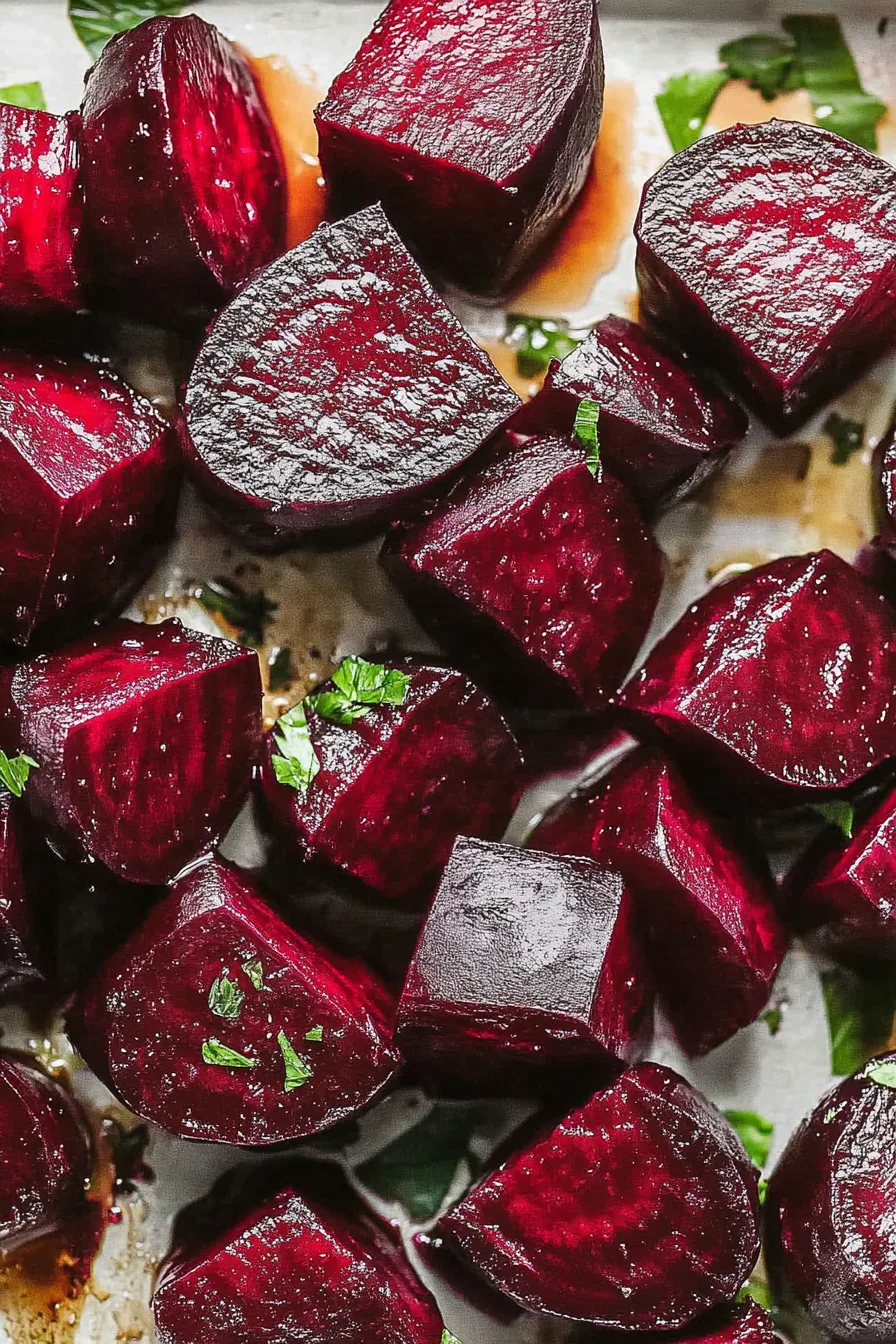 Warm, roasted beet pieces with a vibrant color and light glaze.