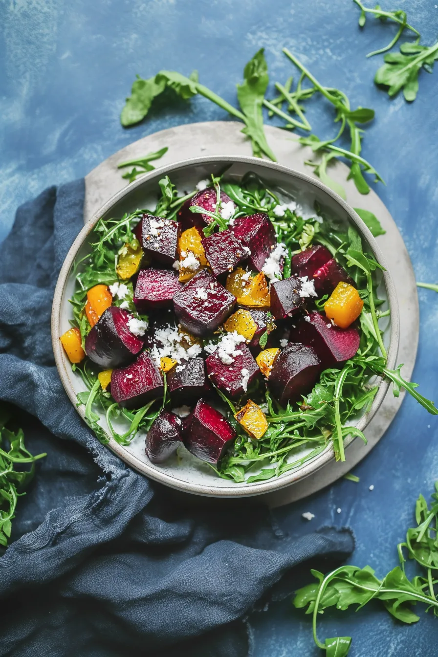 Overhead view of roasted beet cubes glistening with sauce and herbs.
