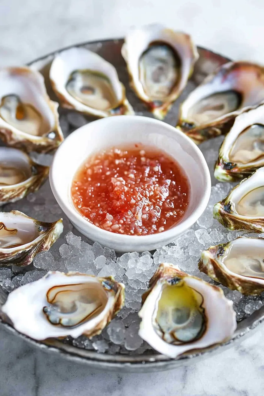 Iced seafood platter showcasing raw oysters with a classic shallot vinegar sauce in the middle.