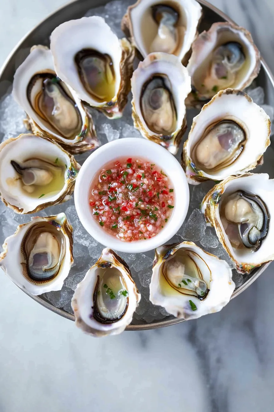 Top-down view of oysters on ice paired with a bright, tangy mignonette sauce.