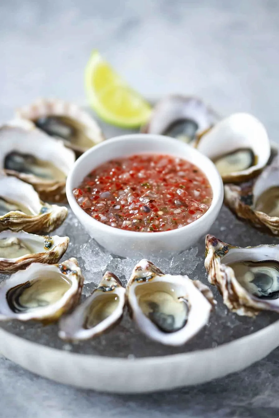 Fresh oysters arranged around a small bowl of diced shallot and vinegar dressing.