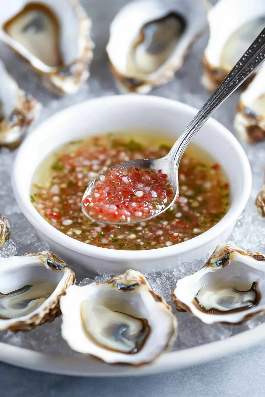 A chilled platter of freshly shucked oysters served with a bowl of mignonette sauce in the center.