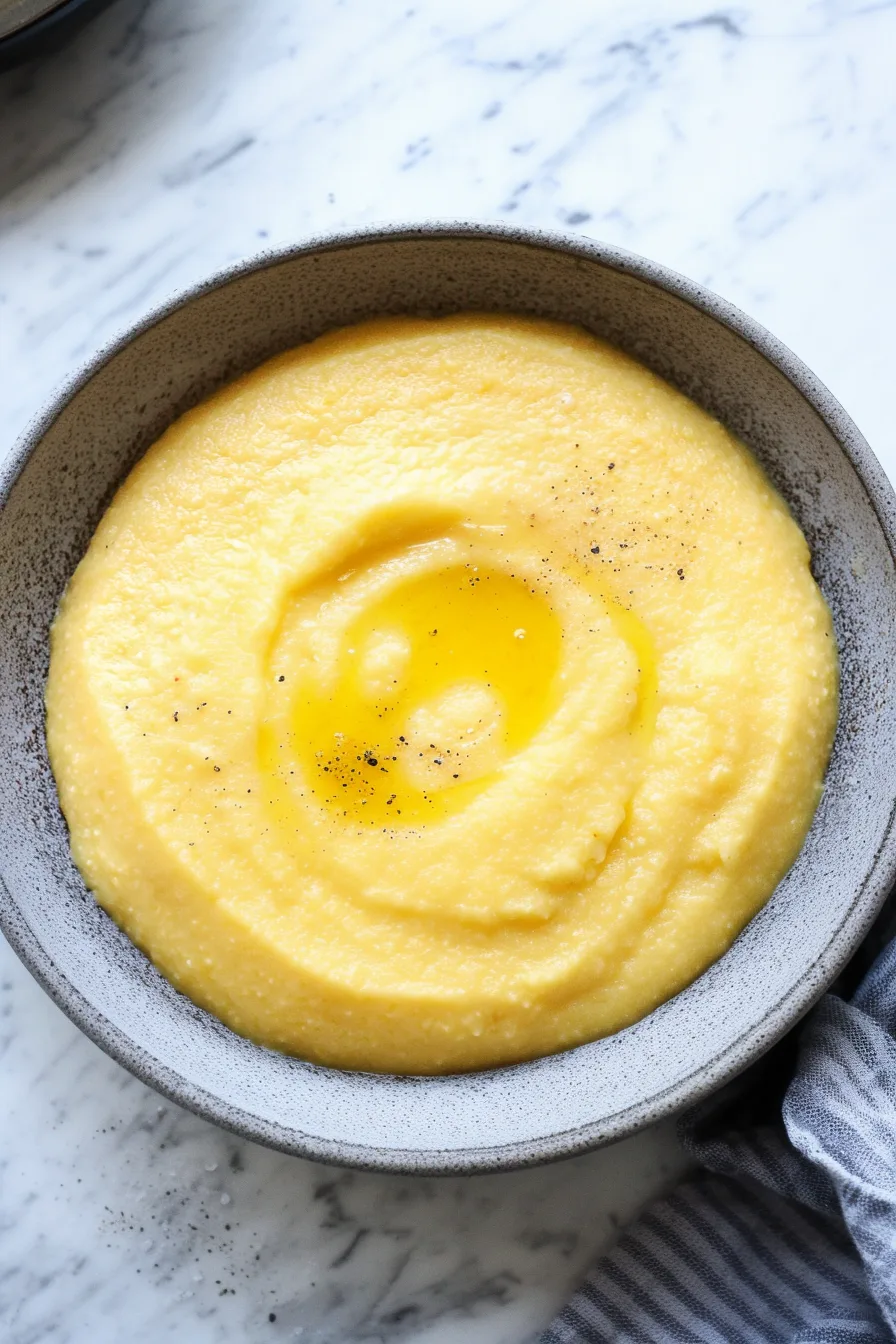 Overhead shot of a simple, comforting bowl of warm corn-based mash.