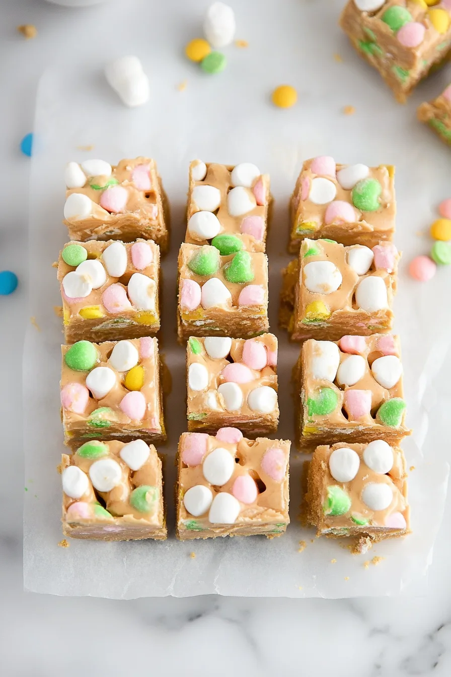 Square dessert bars filled with colorful mini marshmallows on a marble surface.