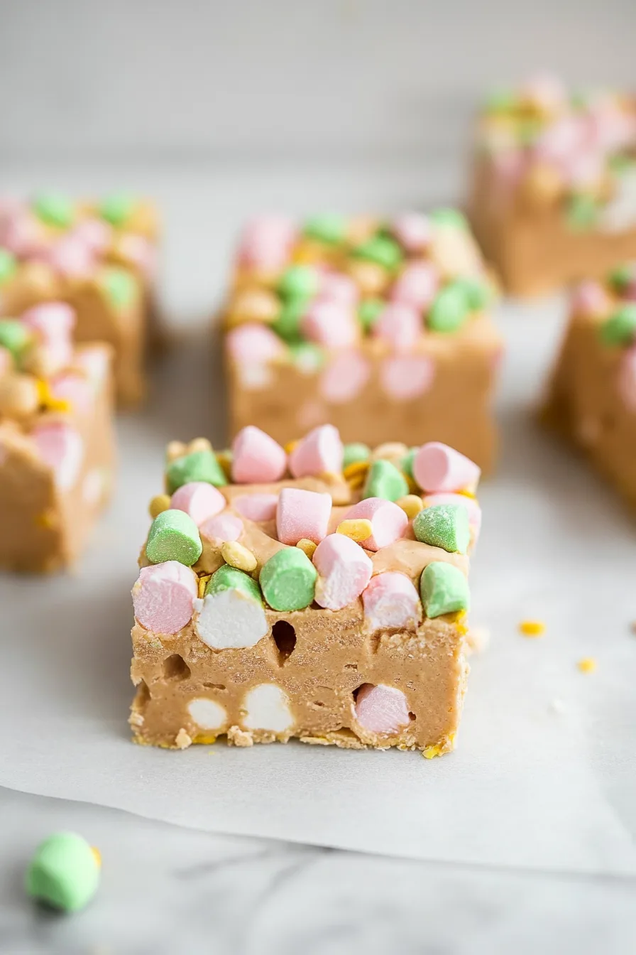 Close-up of a soft, chewy bar dotted with pastel marshmallows.