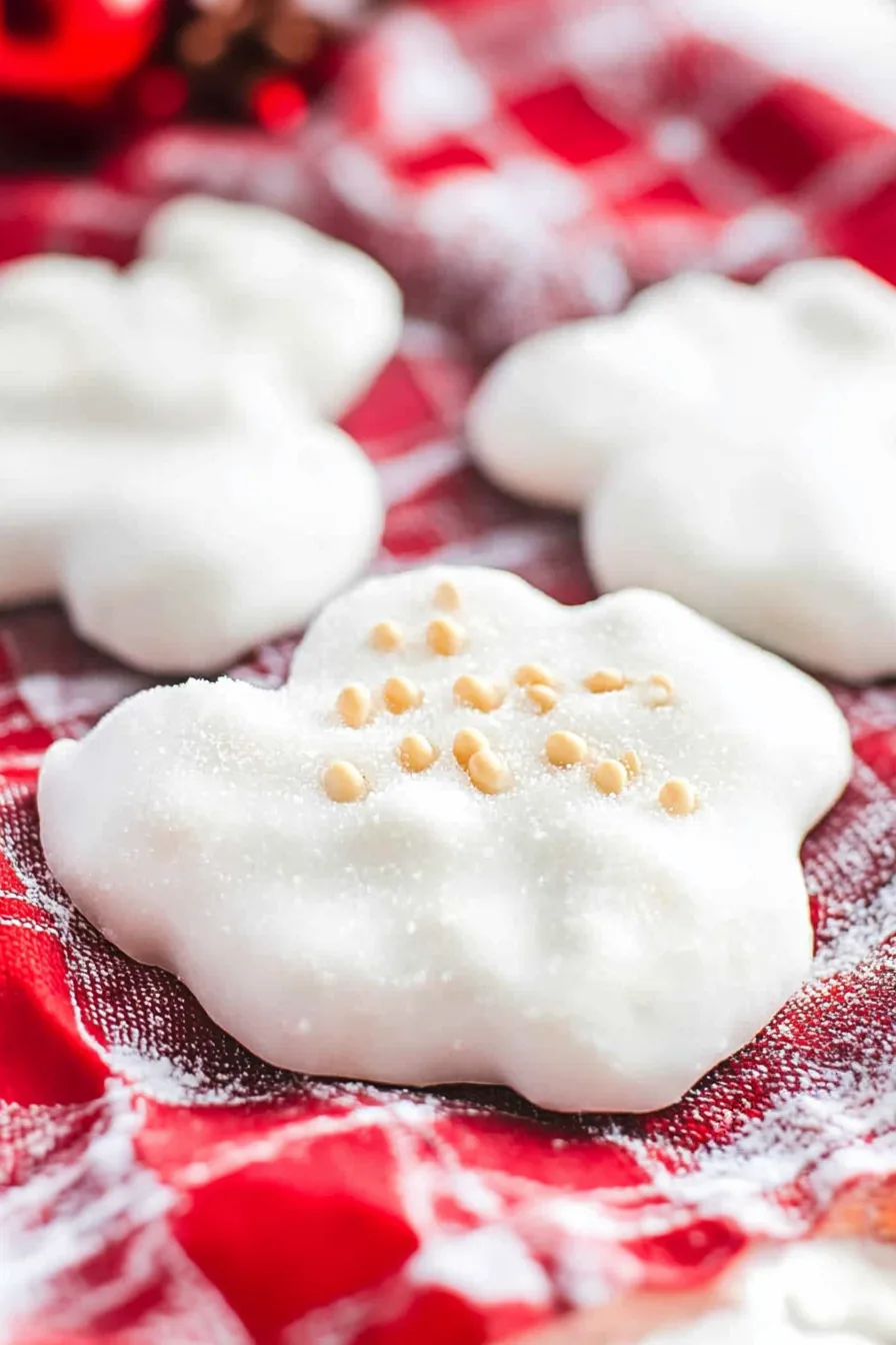 Several glossy white candies arranged on a festive red cloth.