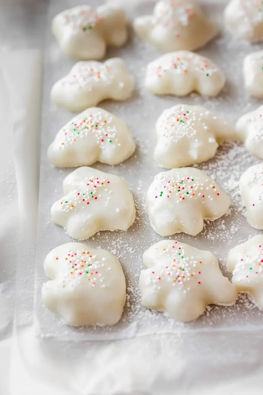 White, paw-shaped candy coated in creamy chocolate and sprinkled with tiny caramel-colored bits.