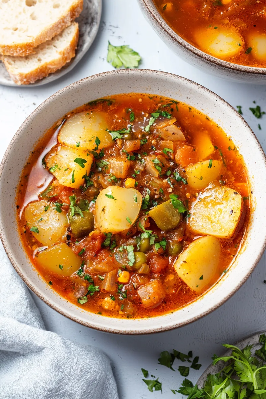Close-up of a rustic seafood stew featuring tender vegetables and fresh herbs.