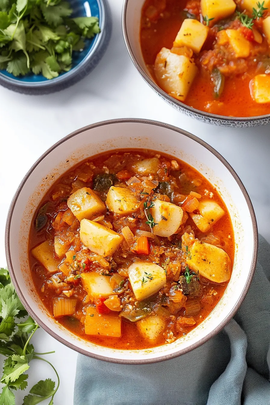 Top-down view of a comforting Caribbean-style stew with colorful vegetables and flaky fish pieces.