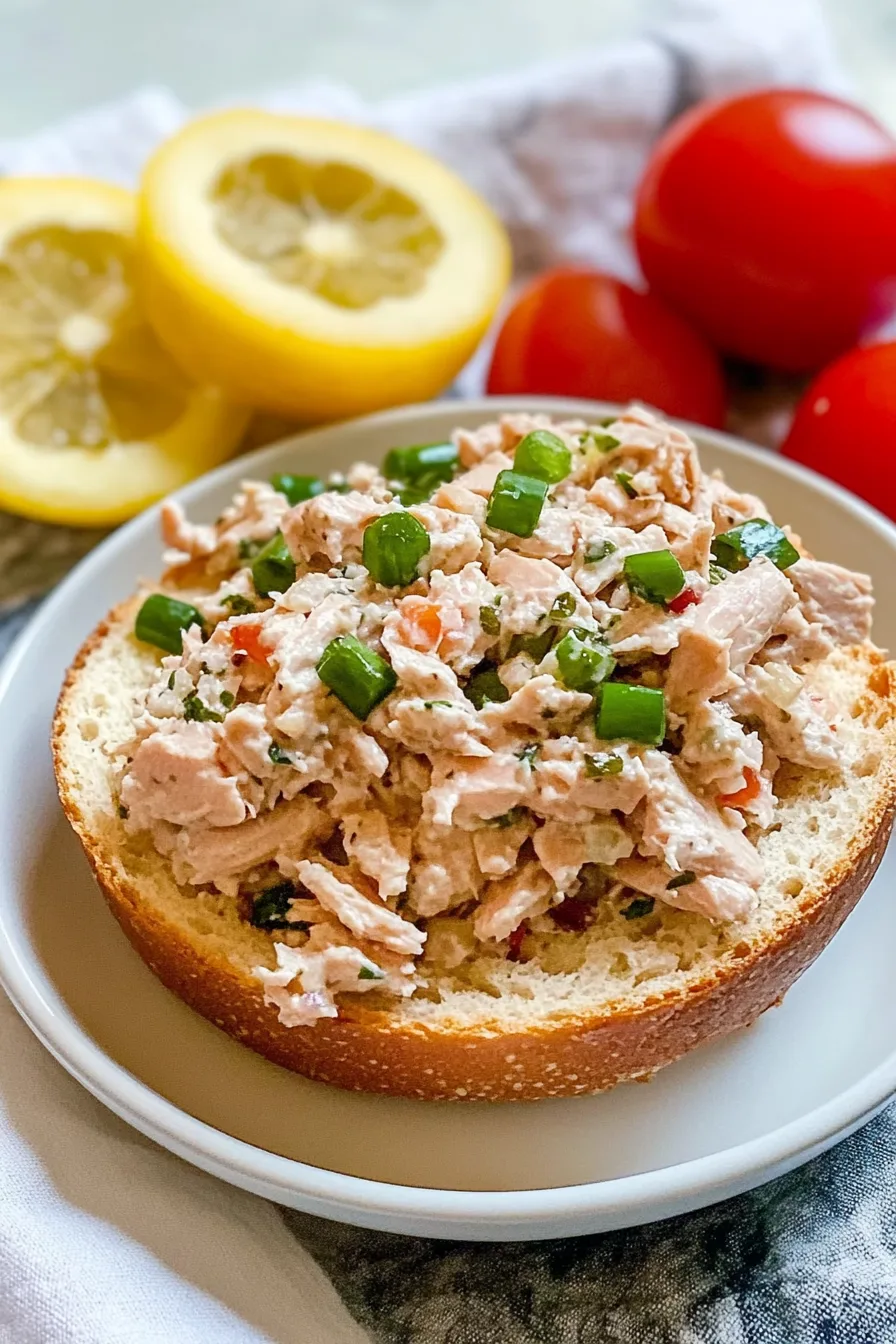 Creamy tuna filling piled on bread, with sliced lemons and whole tomatoes behind it.