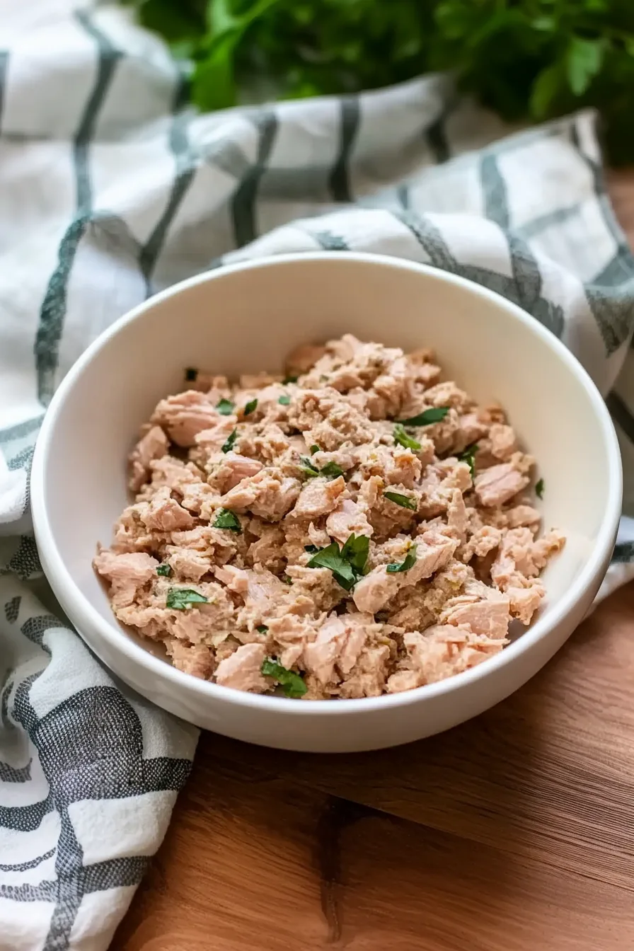 Fresh tuna mixture served on a small plate with visible green onions and herbs.
